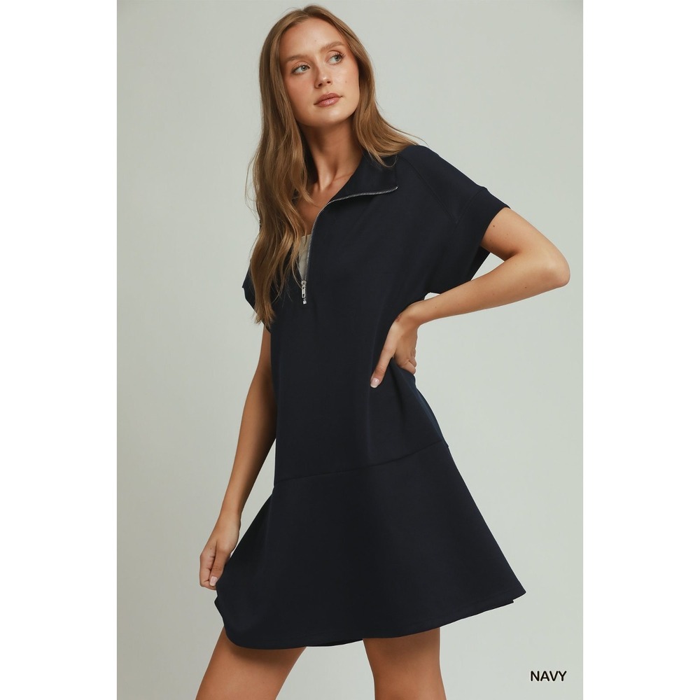 Umgee Collared Quarter Zip Dress with Size Pocket - Navy - Small - Picture 2 of 5